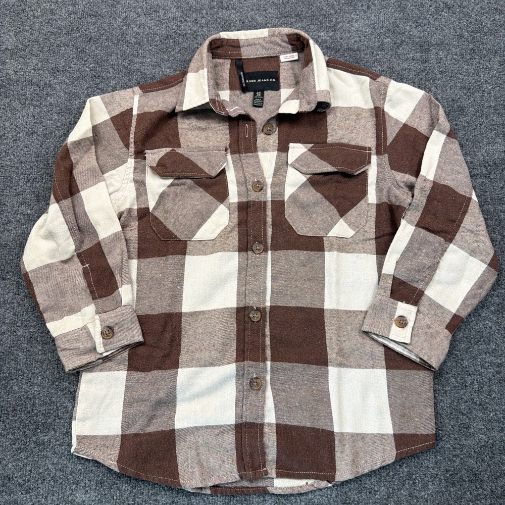 Silver Jeans Co Womens 7/8 Button Up Flannel Shirt Boyfriend Fit Brown White